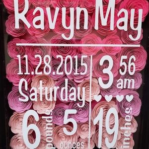 Shadow boxes , frames with birth announcements